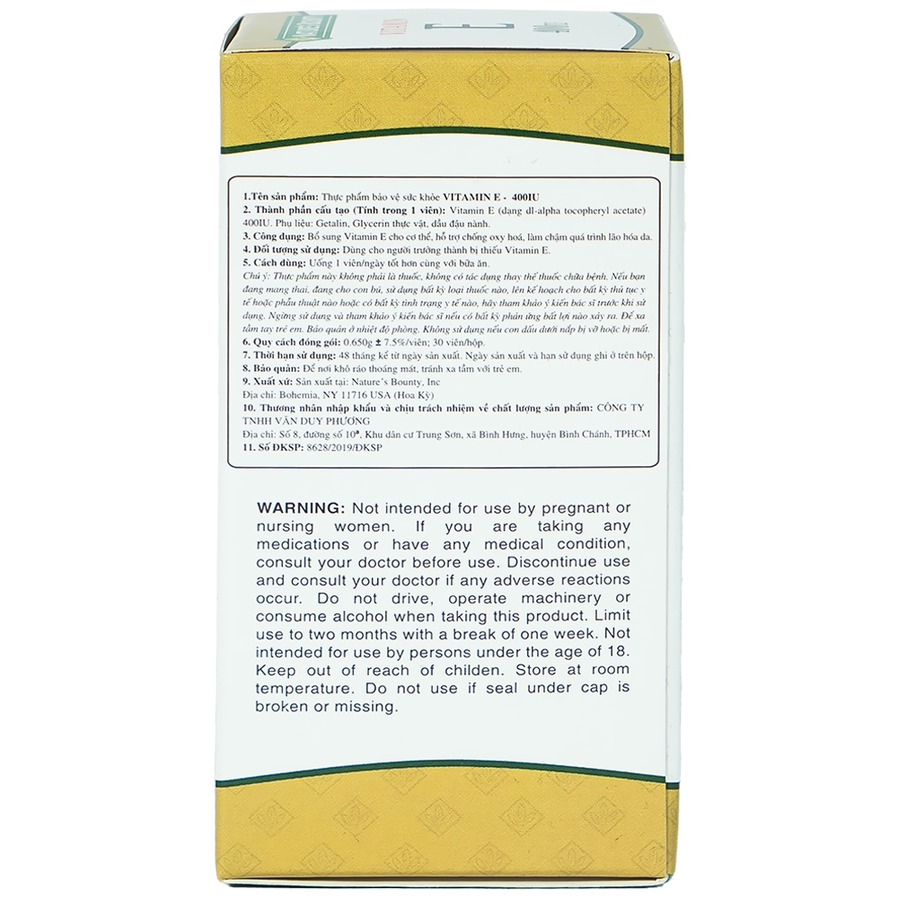 Viên uống bổ sung Vitamin E làm chậm quá trình lão hóa da Vitamin E 400IU Nature's Bounty (30 viên)