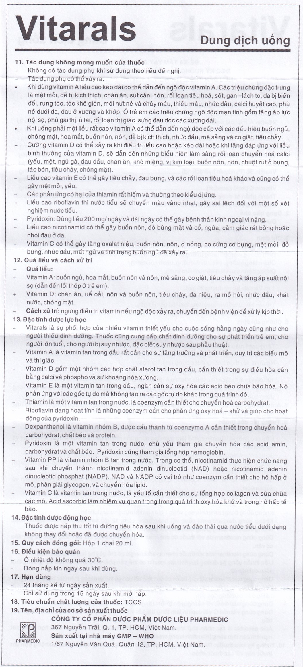 Dung dịch uống Vitarals Pharmedic phòng ngừa và điều chỉnh tình trạng thiếu hụt Vitamin (20ml)