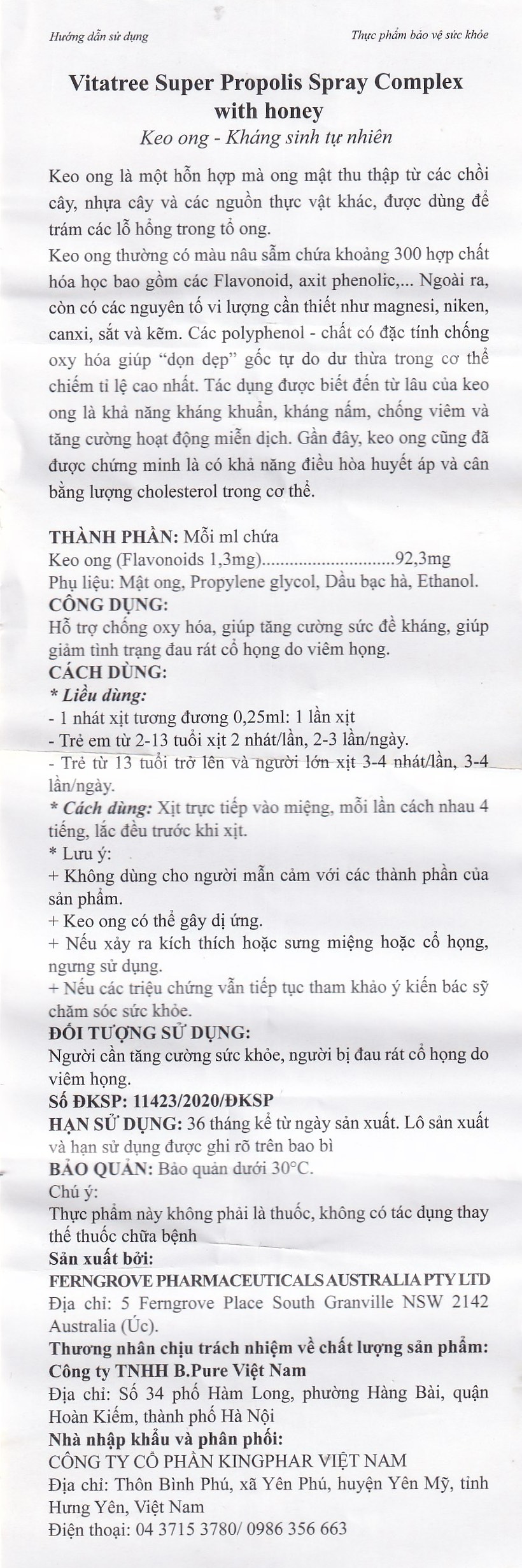 Chai xịt họng hỗ trợ giảm đau rát cổ do viêm họng Vitatree Super Propolis Spray Complex With Honey (30ml)