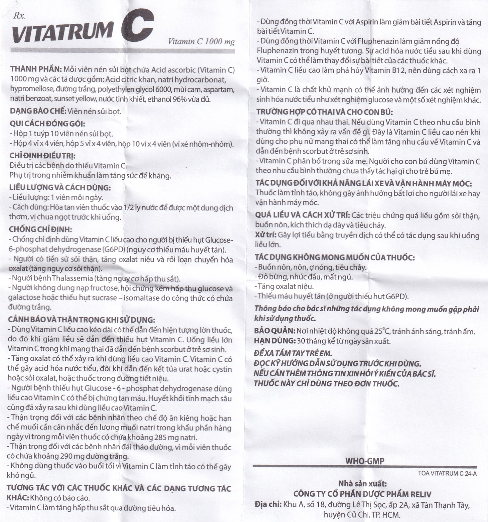Thuốc Vitatrum C 1000mg Reliv ngăn ngừa và điều trị bệnh do thiếu vitamin C (10 viên)