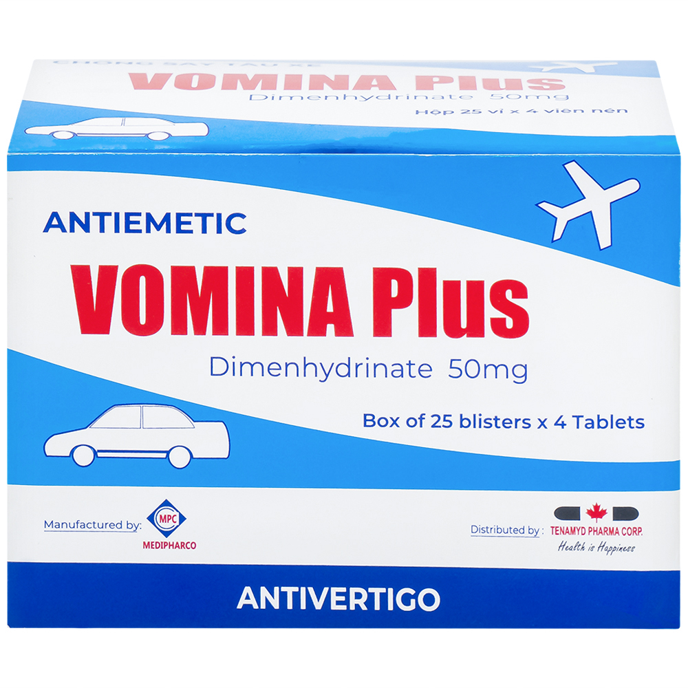 Thuốc Vomina Plus 50mg Medipharco phòng và điều trị triệu chứng buồn nôn, chóng mặt khi say tàu xe (25 vỉ x 4 viên)