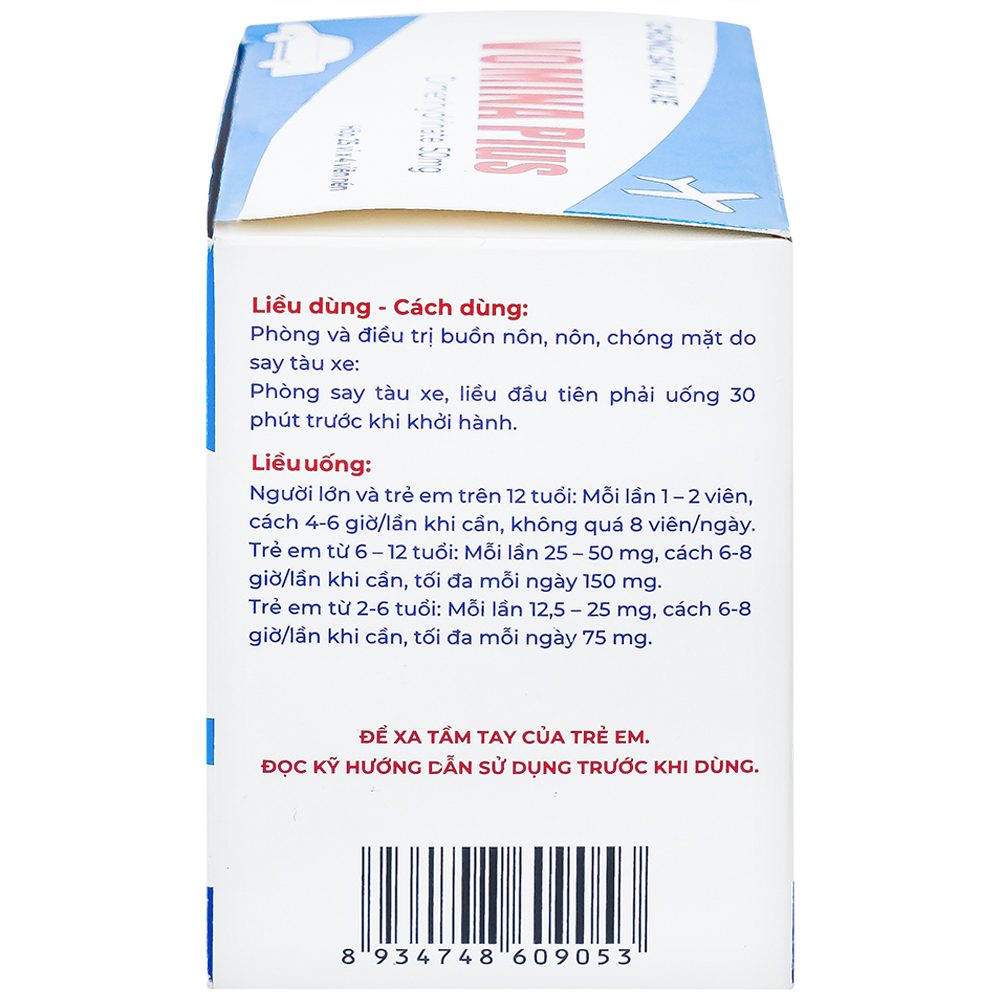 Thuốc Vomina Plus 50mg Medipharco phòng và điều trị triệu chứng buồn nôn, chóng mặt khi say tàu xe (25 vỉ x 4 viên)