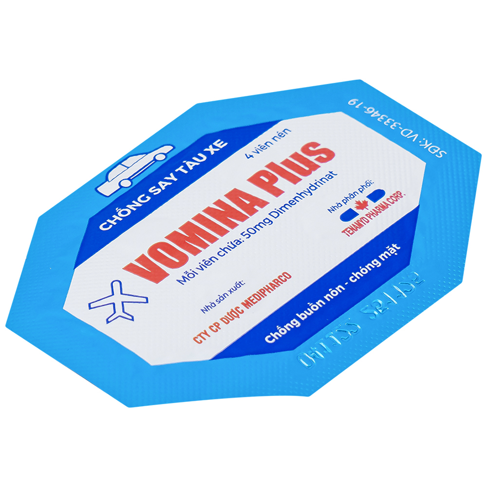Thuốc Vomina Plus 50mg Medipharco phòng và điều trị triệu chứng buồn nôn, chóng mặt khi say tàu xe (25 vỉ x 4 viên)