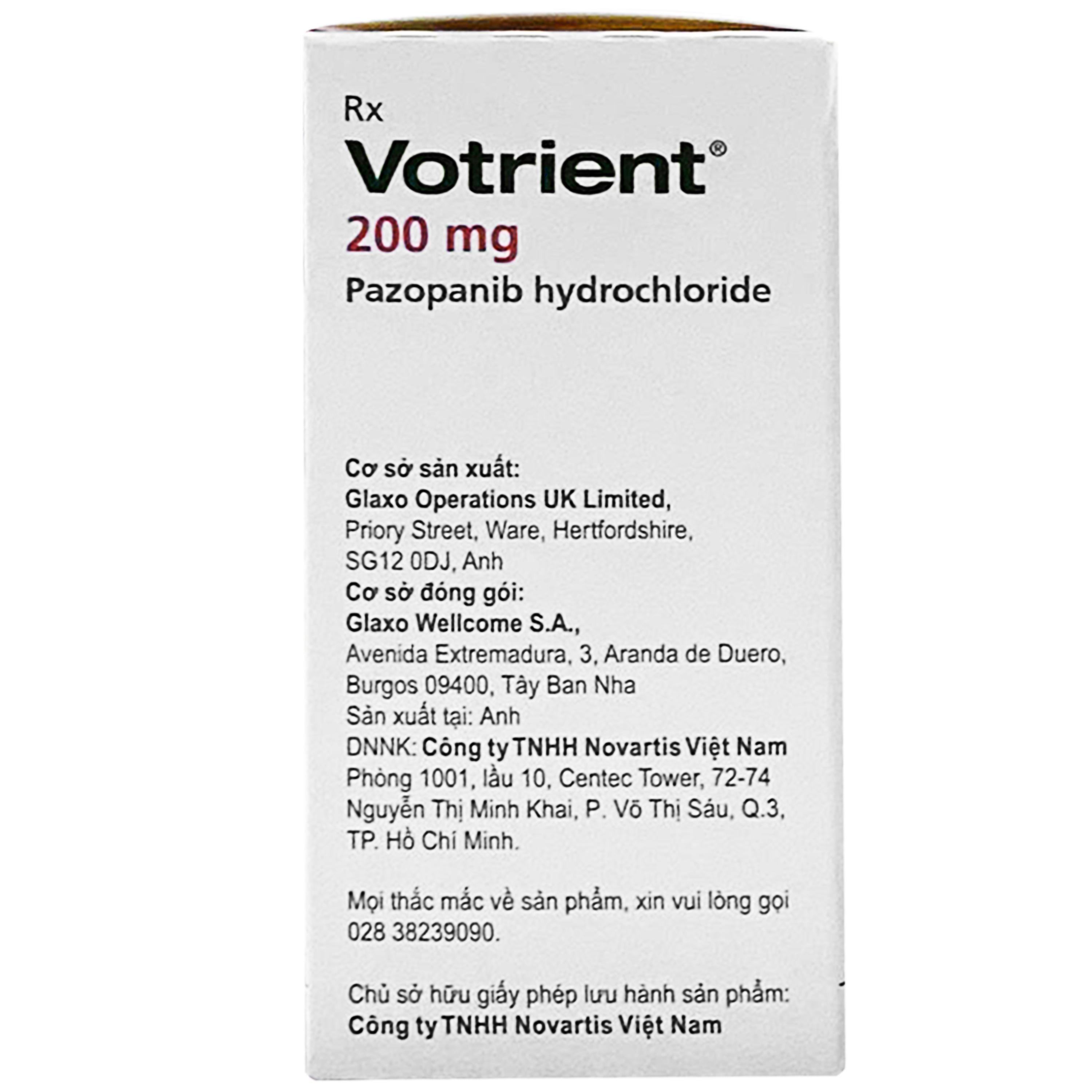 Thuốc Votrient 200mg Novartis điều trị ung thư biểu mô tế bào thận (RCC) và ung thư phần mềm (STS) (30 viên)