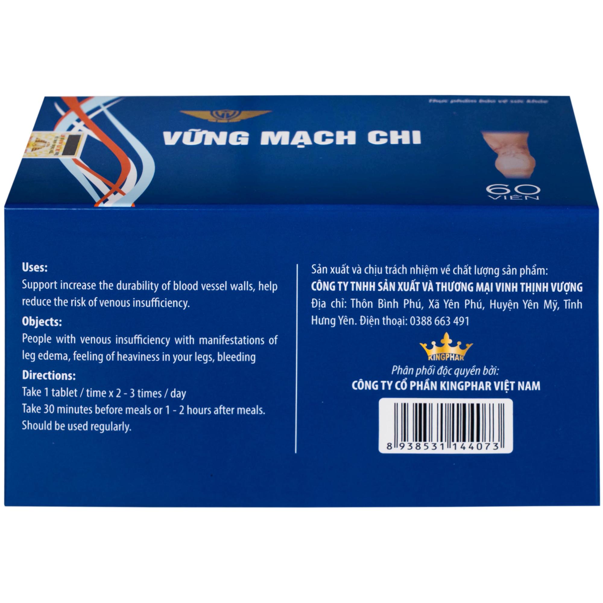 Viên uống giúp giảm nguy cơ suy tĩnh mạch, tăng tính bền thành mạch Vững Mạch Chi Kingphar (6 vỉ x 10 viên)