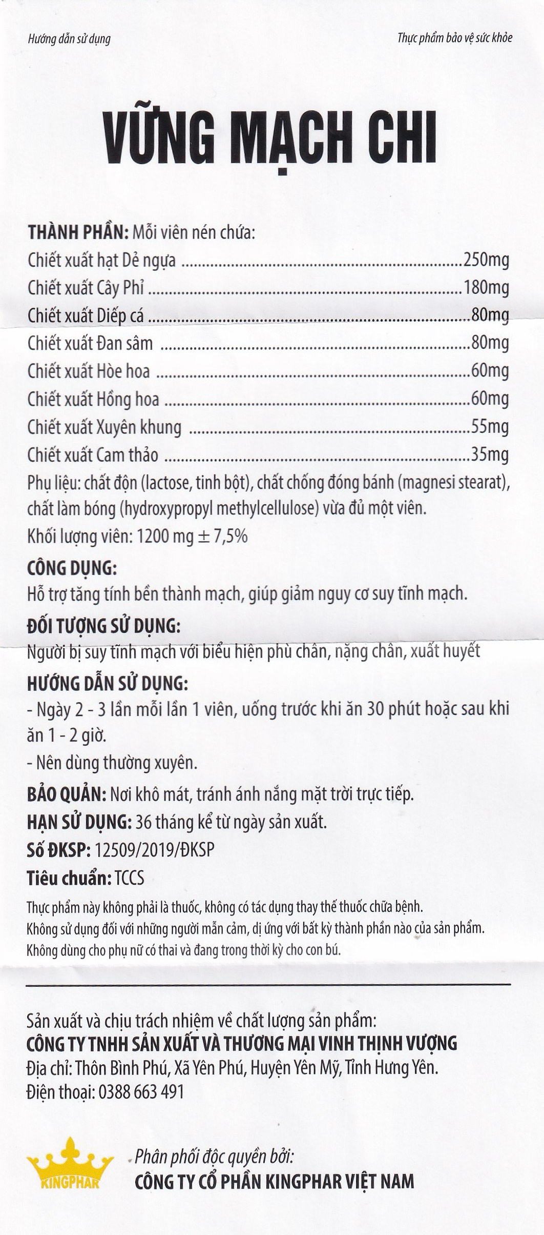 Viên uống giúp giảm nguy cơ suy tĩnh mạch, tăng tính bền thành mạch Vững Mạch Chi Kingphar (6 vỉ x 10 viên)
