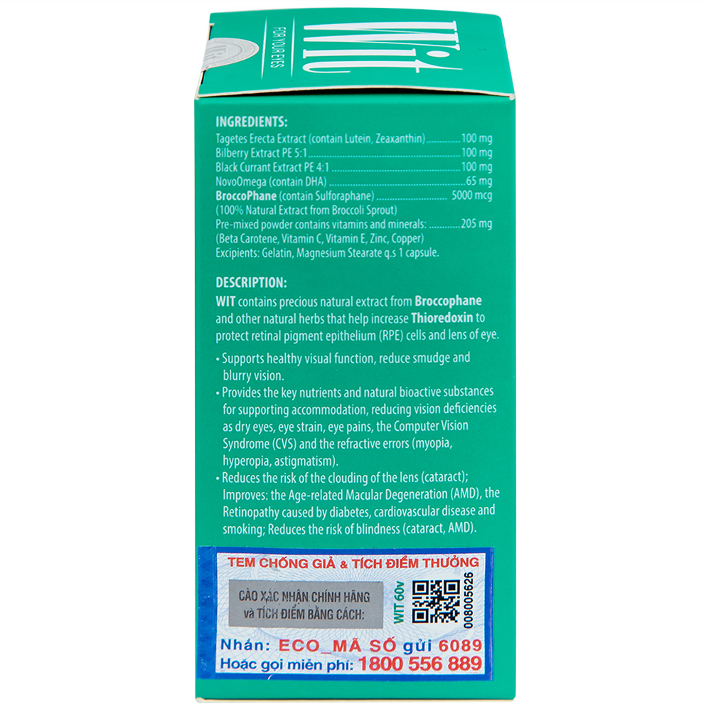 Viên uống tăng cường thị lực giảm mờ và nhòe mắt WIT For Your Eyes (60 viên)