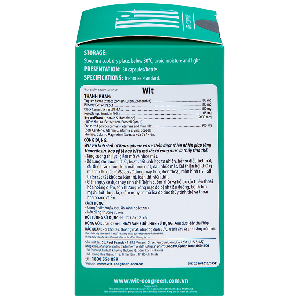 Viên uống tăng cường thị lực giảm mờ và nhòe mắt WIT For Your Eyes (30 viên)