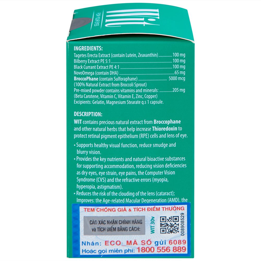 Viên uống tăng cường thị lực giảm mờ và nhòe mắt WIT For Your Eyes (30 viên)