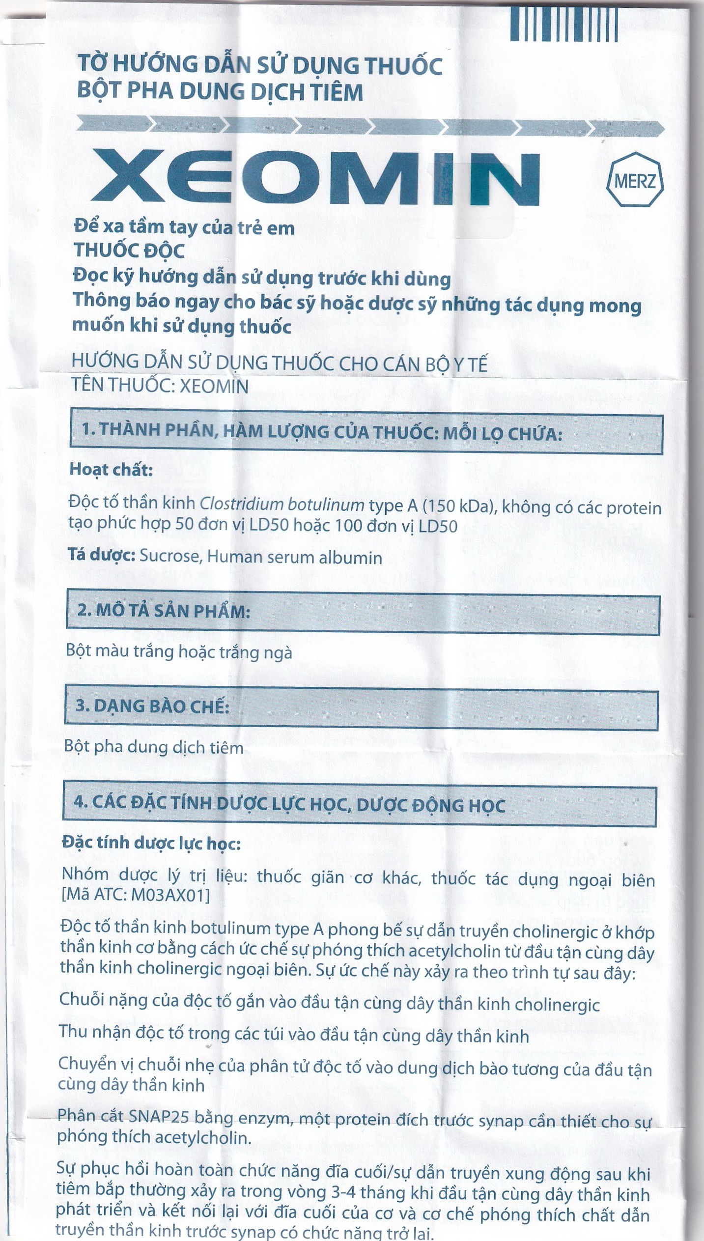 Thuốc Xeomin 100 Units Merz điều trị loạn trương lực cơ cổ, co thắt mi, co cứng sau đột quỵ chi trên
