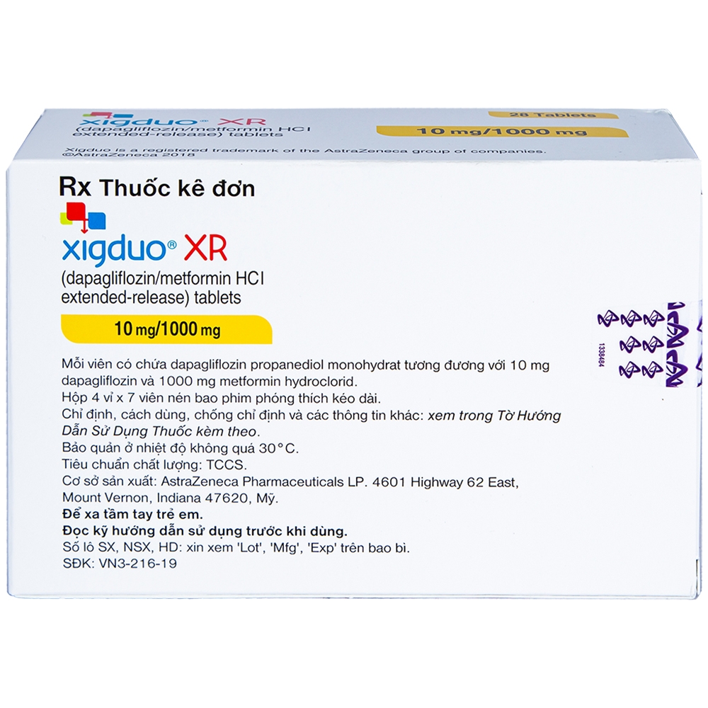 Thuốc Xigduo XR 10mg/1000mg Astrazeneca cải thiện kiểm soát đường huyết (4 vỉ x 7 viên)