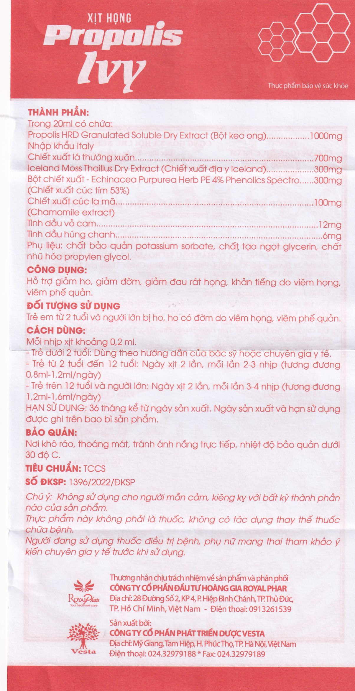 Chai xịt họng giảm ho, đờm, đau rát họng, khản tiếng do viêm họng, viêm phế quản Propolis Ivy Royal Care (20ml)