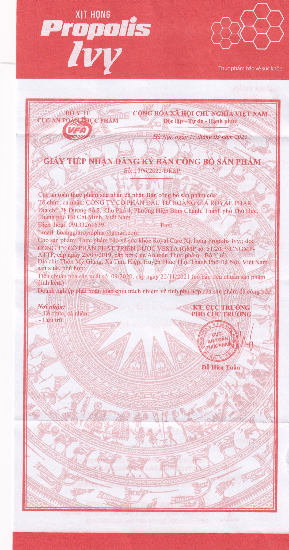 Chai xịt họng giảm ho, đờm, đau rát họng, khản tiếng do viêm họng, viêm phế quản Propolis Ivy Royal Care (20ml)