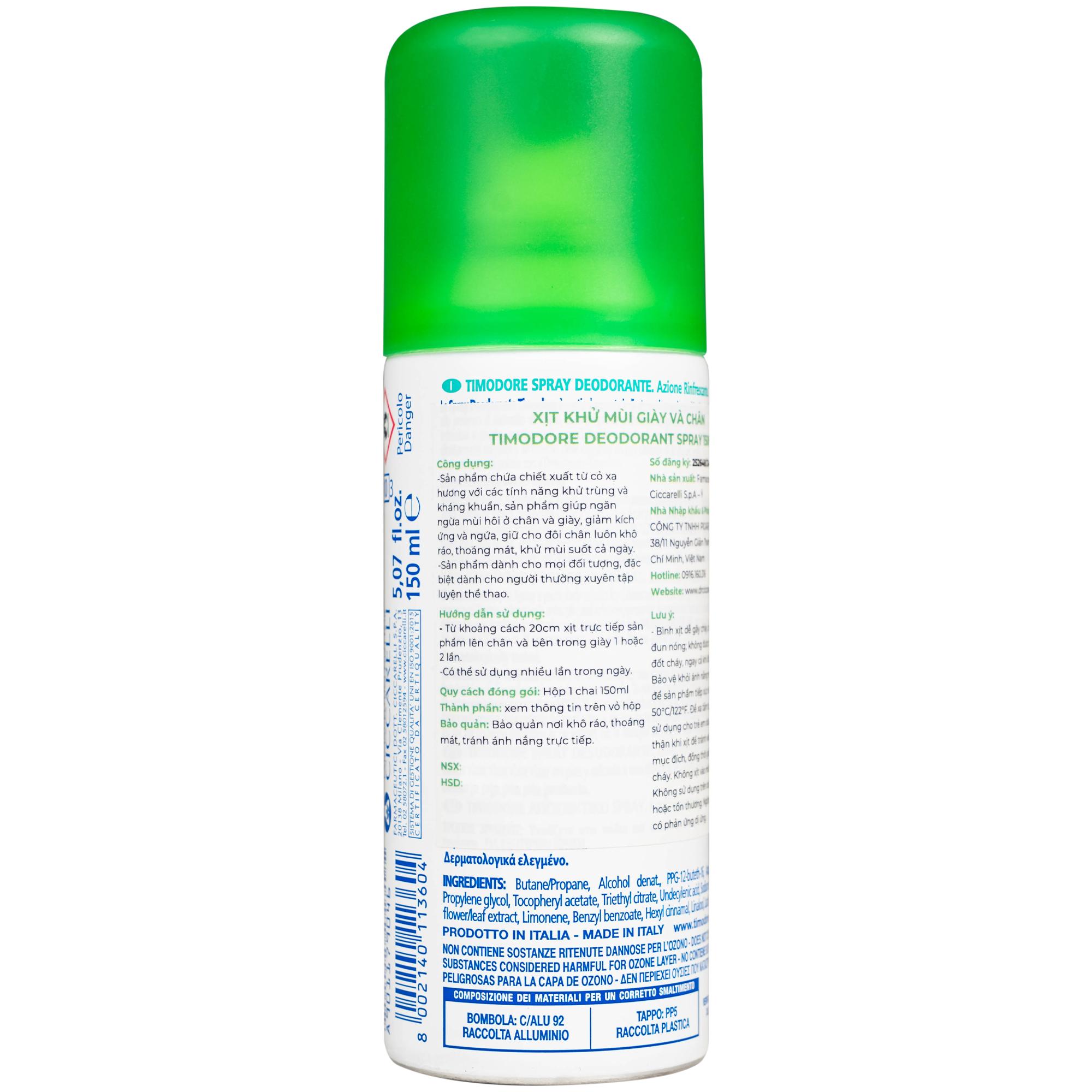 Xịt khử mùi giày và chân Dr.Ciccarelli Timodore Deodorant Spray (150ml)