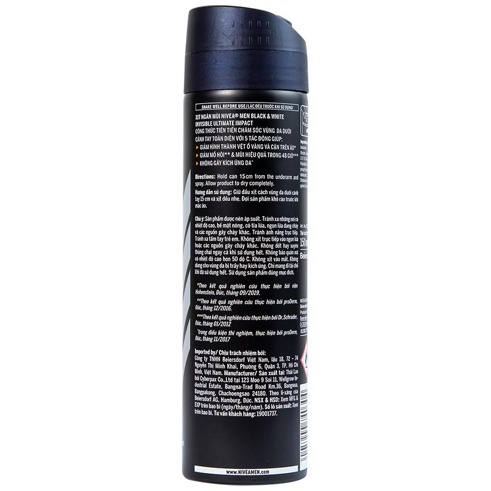 Xịt ngăn mùi Nivea Men Black & White Invisible Ultimate Impact giảm vết ố vàng, mồ hôi và mùi trong 48h (150ml) 
