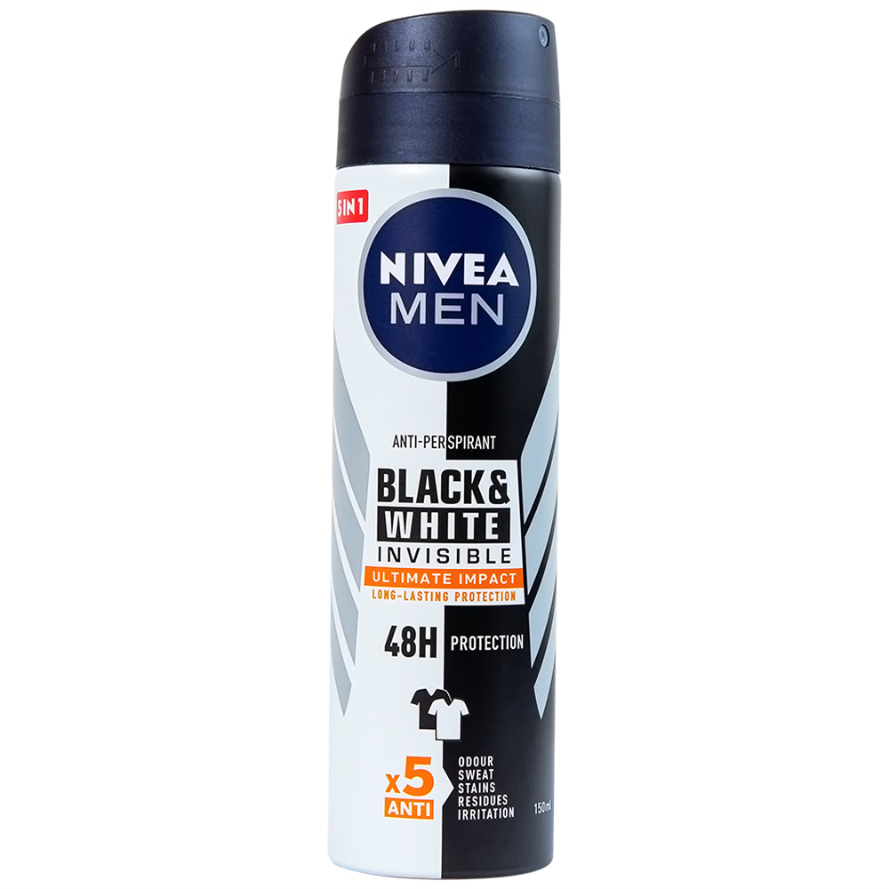 Xịt ngăn mùi Nivea Men Black &amp; White Invisible Ultimate Impact giảm vết ố vàng, mồ hôi và mùi trong 48h (150ml) 