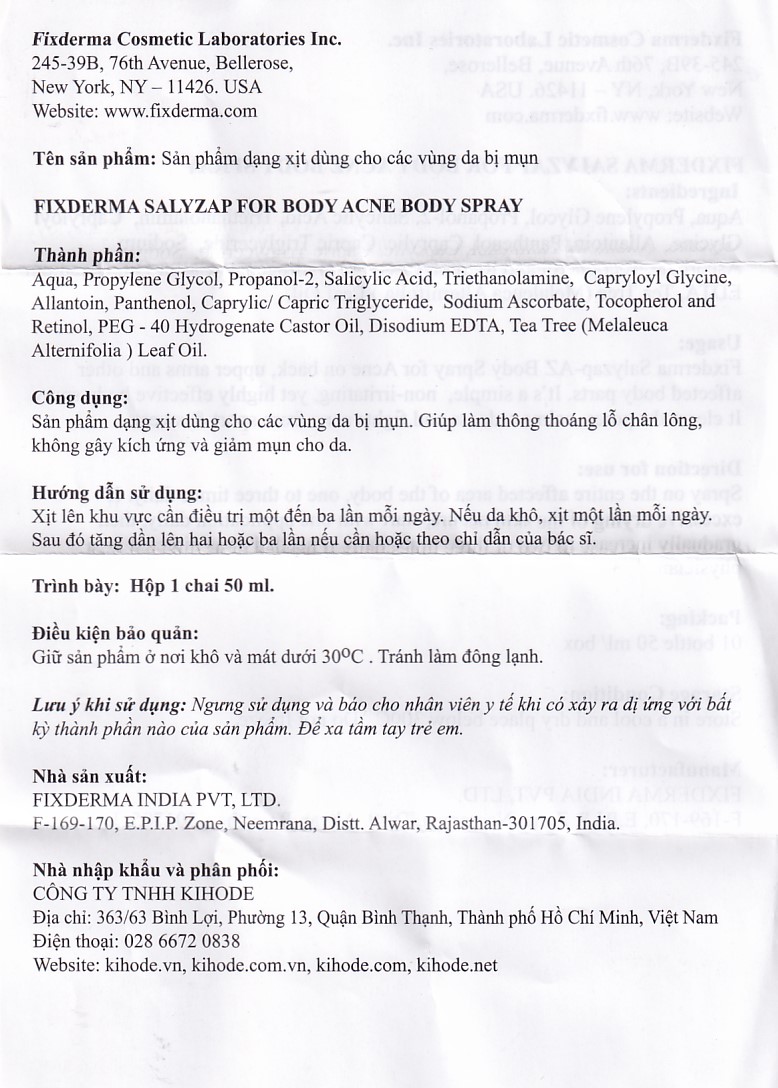 Xịt mụn lưng Fixderma Salyzap 50ml