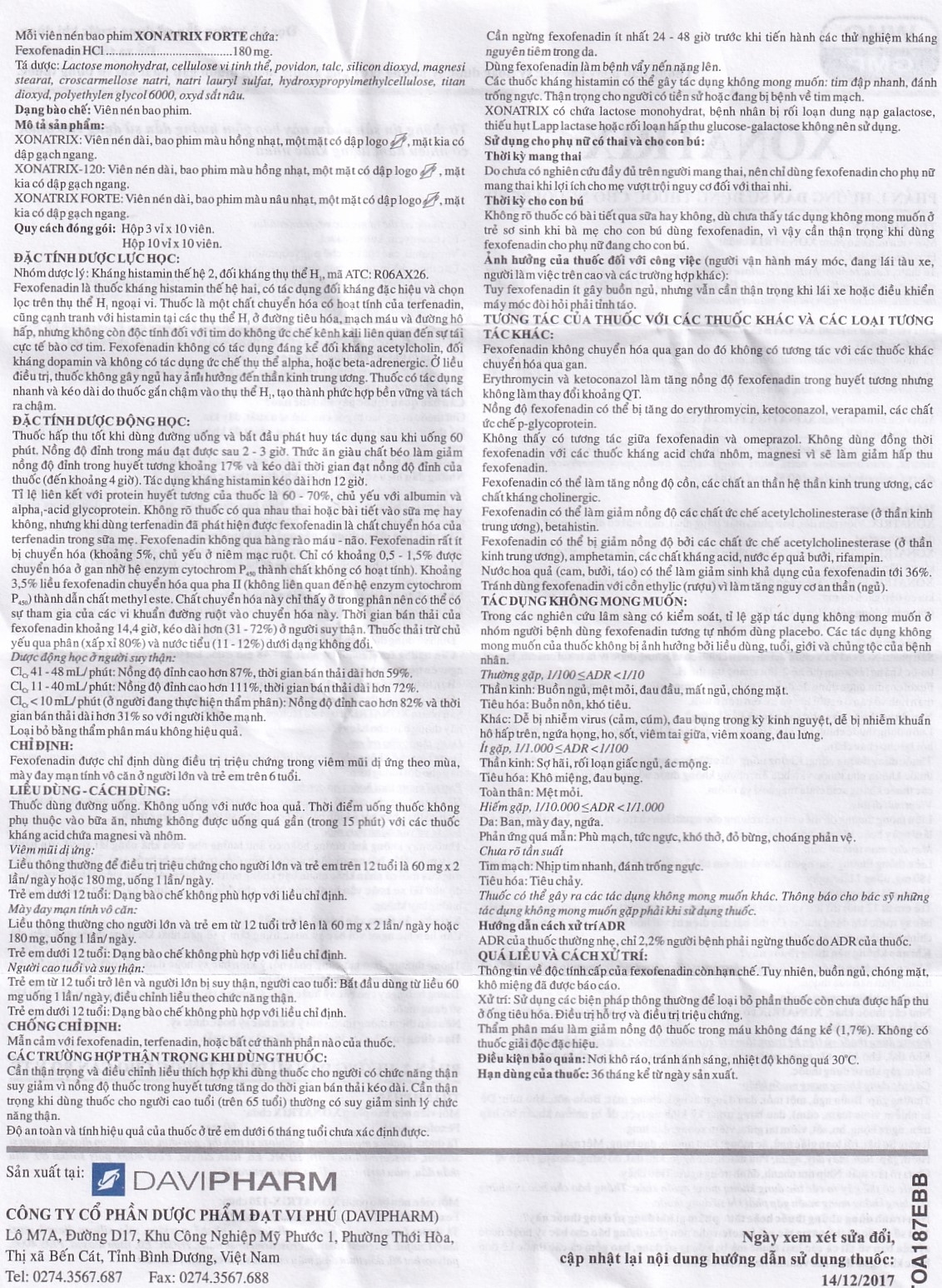 Thuốc Xonatrix-120 DaviPharm điều trị triệu chứng viêm mũi dị ứng theo mùa (3 vỉ x 10 viên)