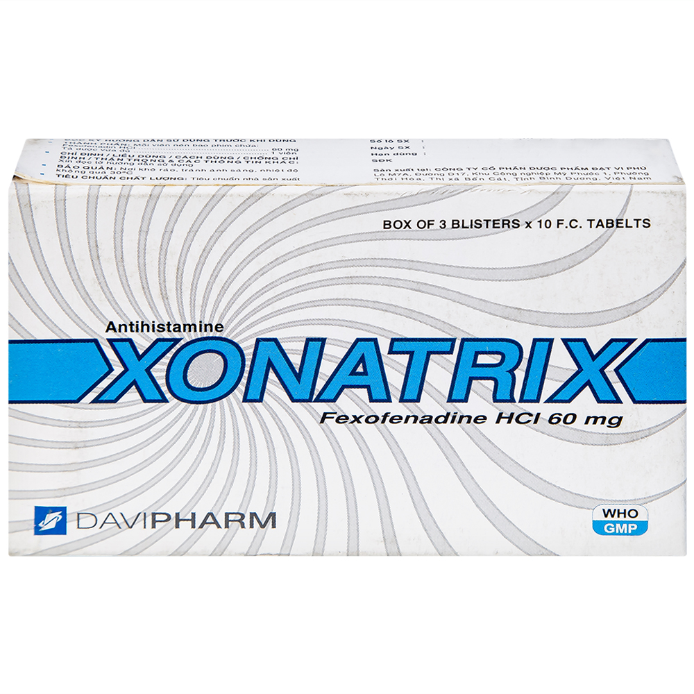 Thuốc Xonatrix 60mg DaviPharm điều trị triệu chứng viêm mũi dị ứng theo mùa (3 vỉ x 10 viên)
