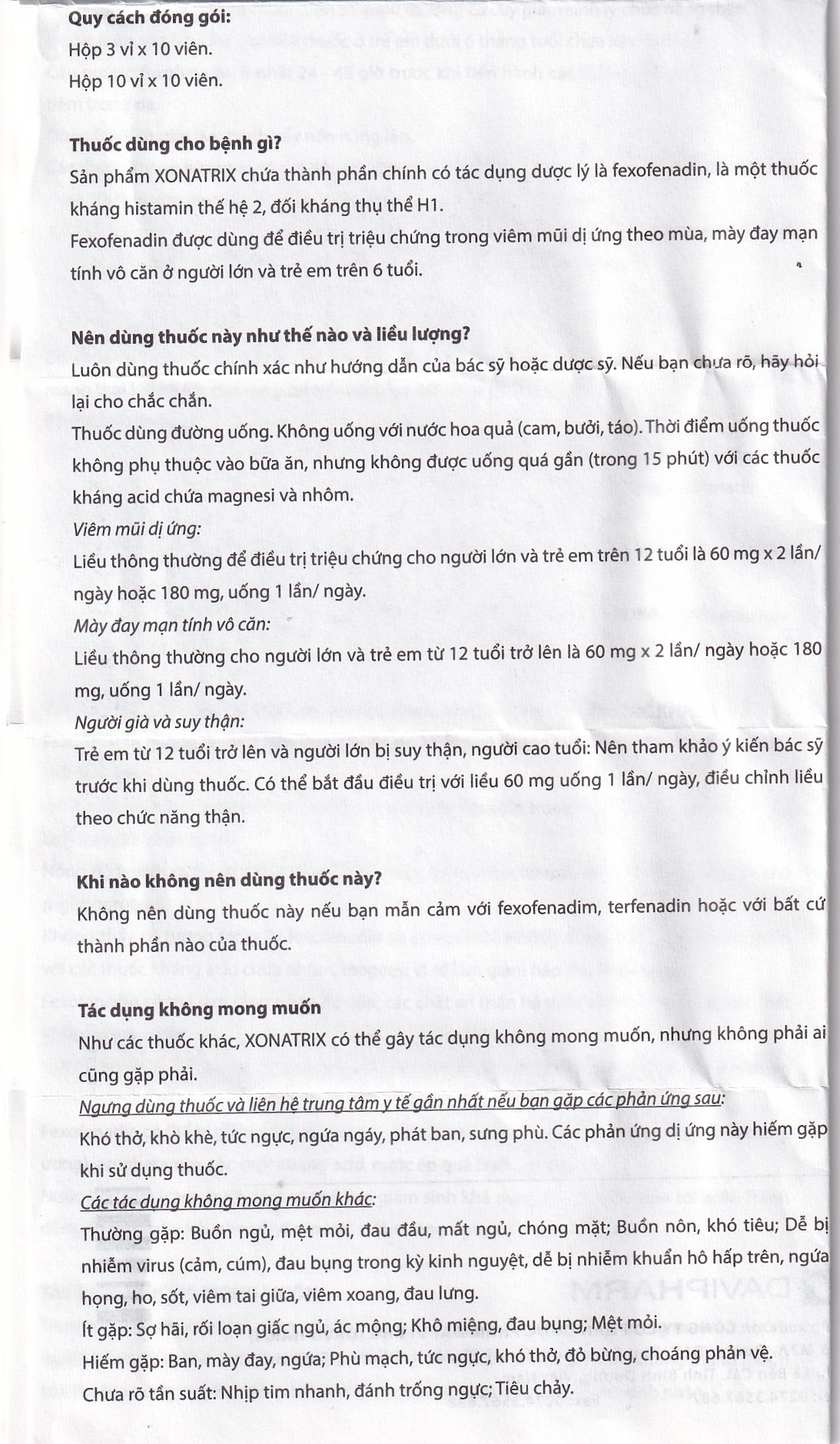 Thuốc Xonatrix 60mg DaviPharm điều trị triệu chứng viêm mũi dị ứng theo mùa (3 vỉ x 10 viên)