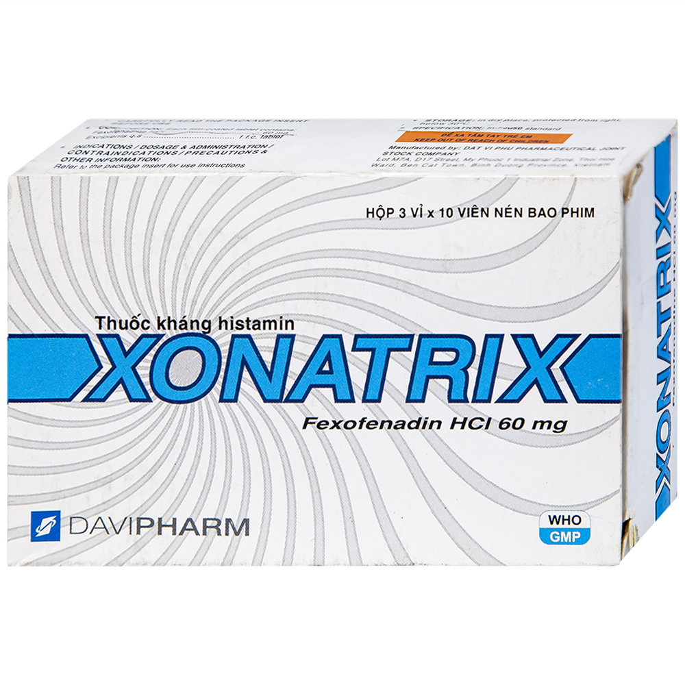 Thuốc Xonatrix 60mg DaviPharm điều trị triệu chứng viêm mũi dị ứng theo mùa (3 vỉ x 10 viên)