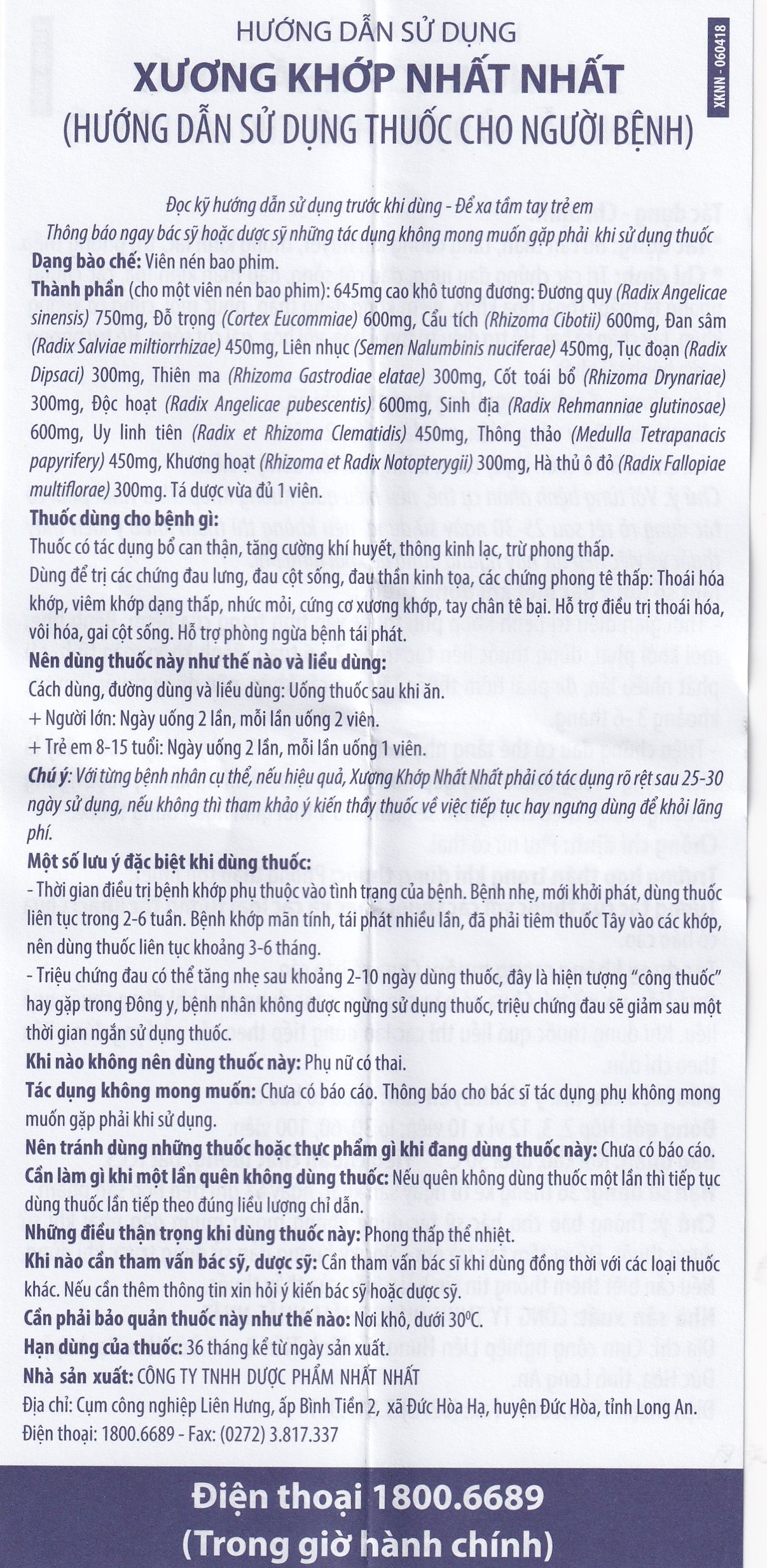 Thuốc Xương Khớp Nhất Nhất điều trị các chứng đau lưng, đau cột sống (2 vỉ x 10 viên) 
