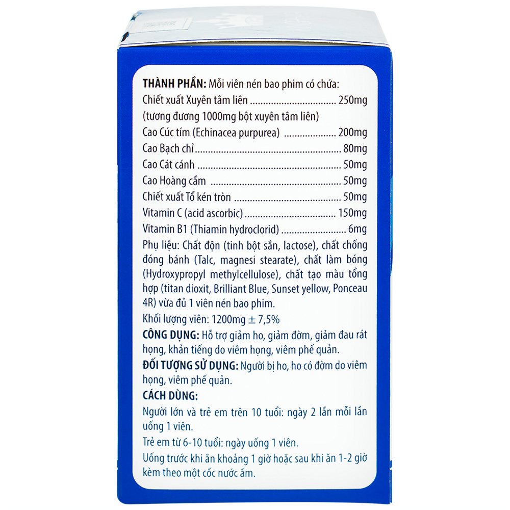 Viên uống hỗ trợ giảm ho, giảm đờm, giảm đau rát họng Xuyên Tâm Liên Plus Echinacea Kingphar (60 viên)