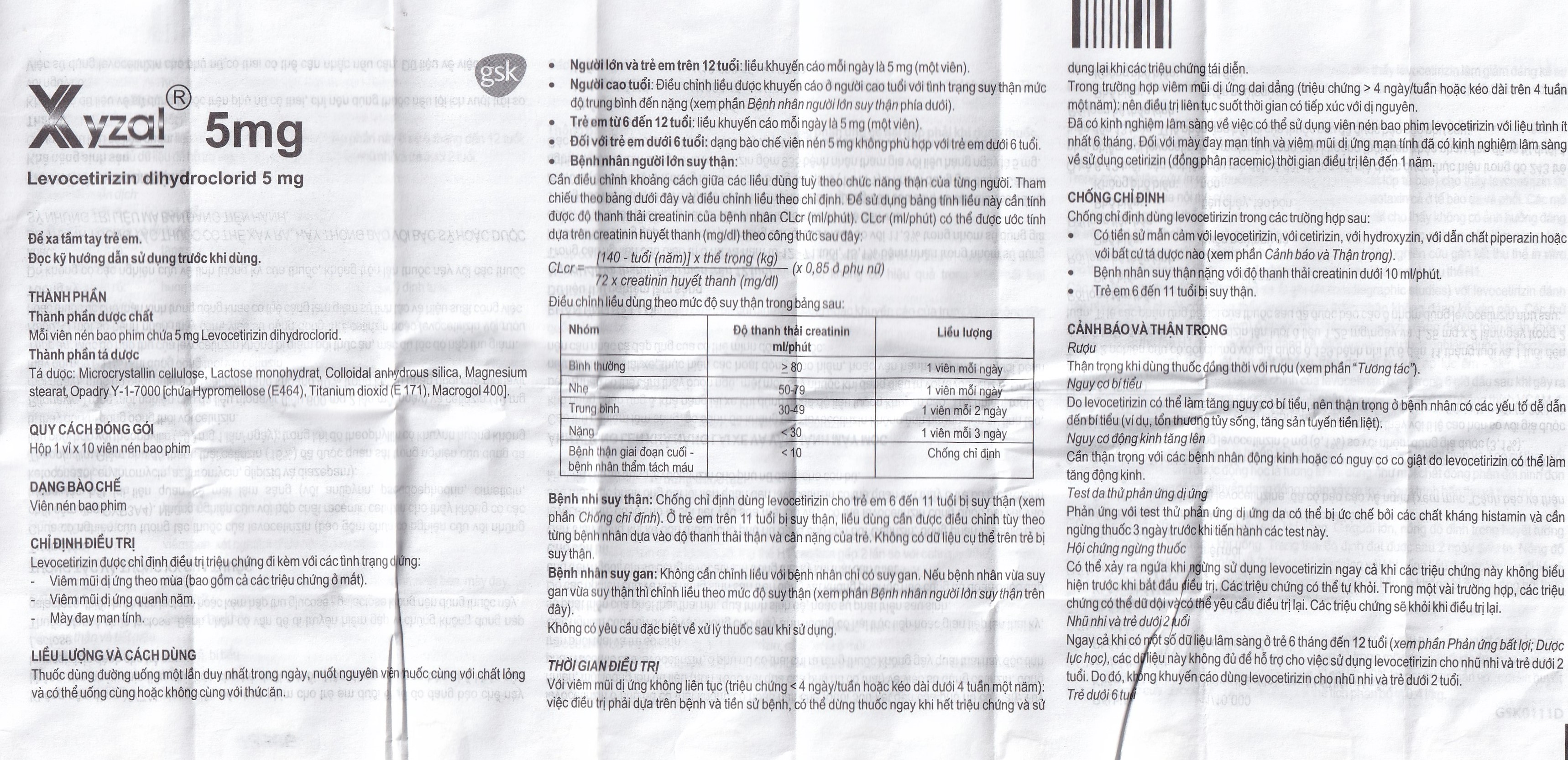 Thuốc Xyzal 5mg GSK điều trị triệu chứng viêm mũi dị ứng theo mùa (1 vỉ x 10 viên) 