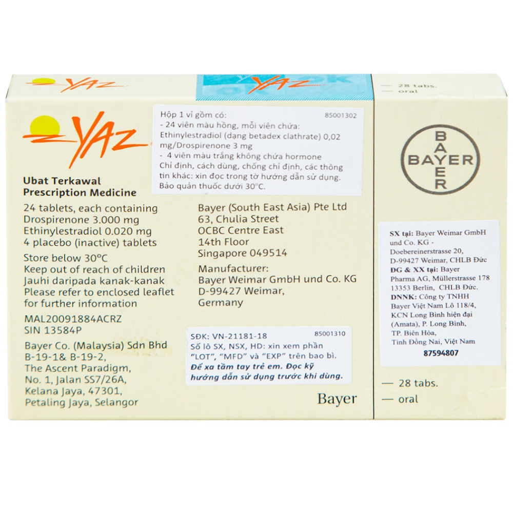 Thuốc Yaz Bayer dùng tránh thai, điều trị mụn trứng cá (1 vỉ x 28 viên)