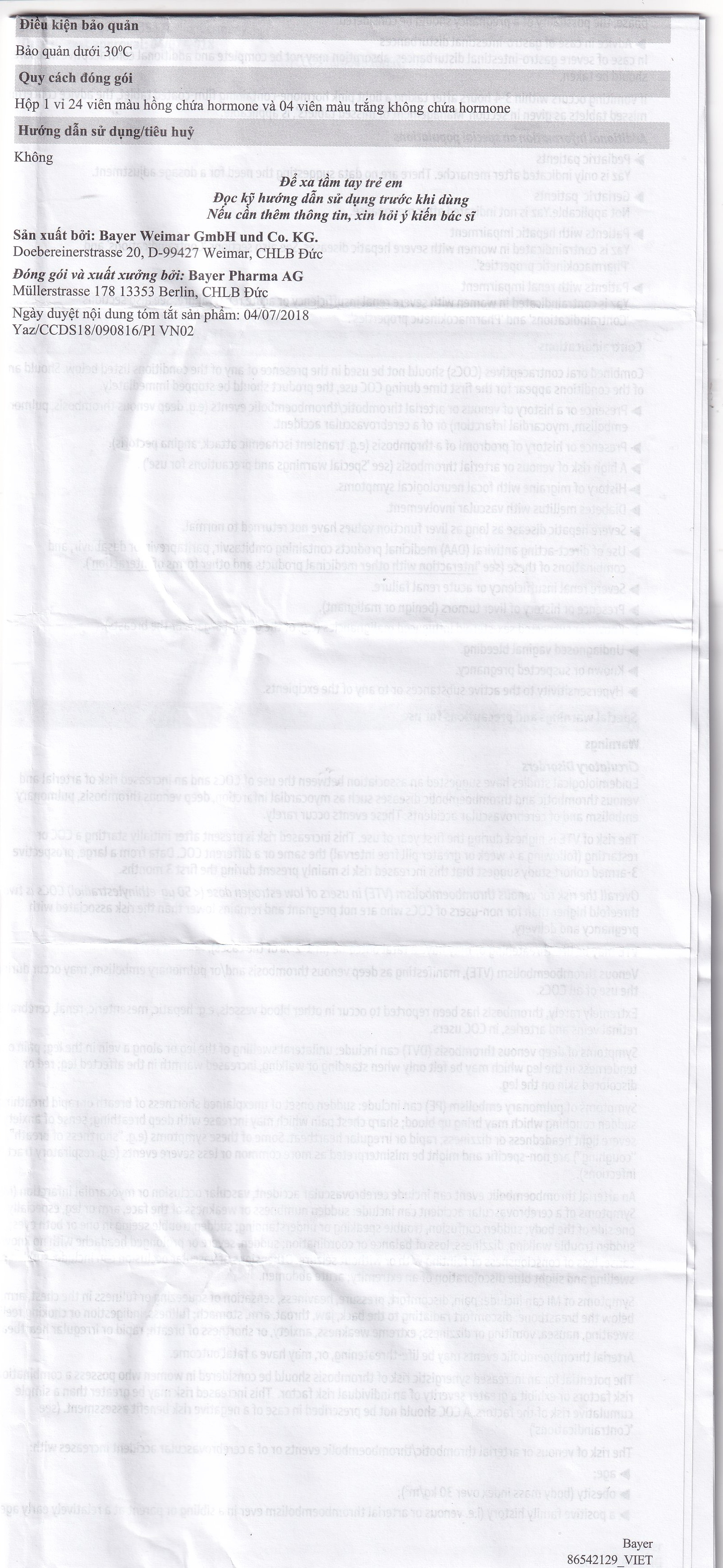 Thuốc Yaz Bayer dùng tránh thai, điều trị mụn trứng cá (1 vỉ x 28 viên)