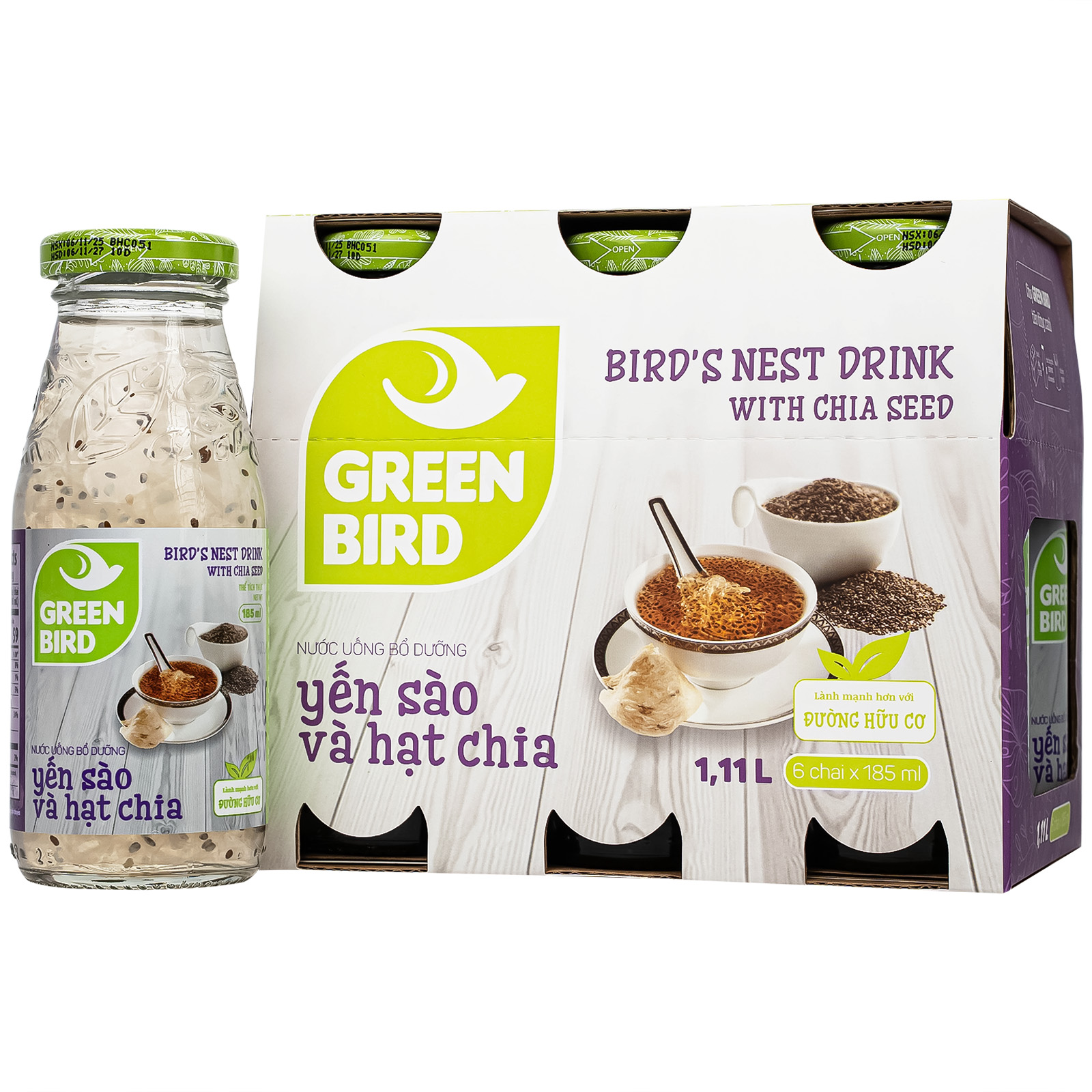 Nước Yến Sào Và Hạt Chia Greenbird (6 chai x 185ml)