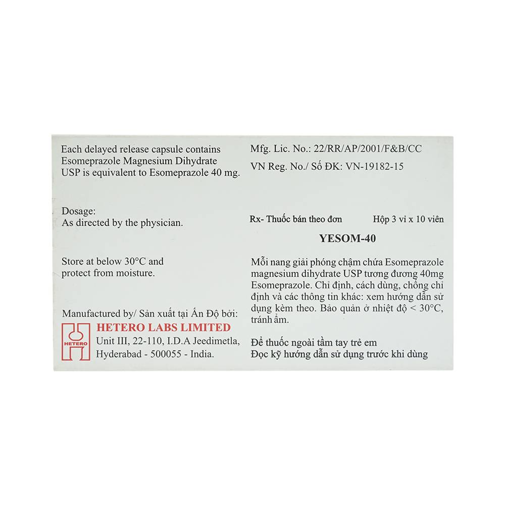 Thuốc Yesom 40 Hetero điều trị loét dạ dày - tá tràng lành tính (3 vỉ x 10 viên)