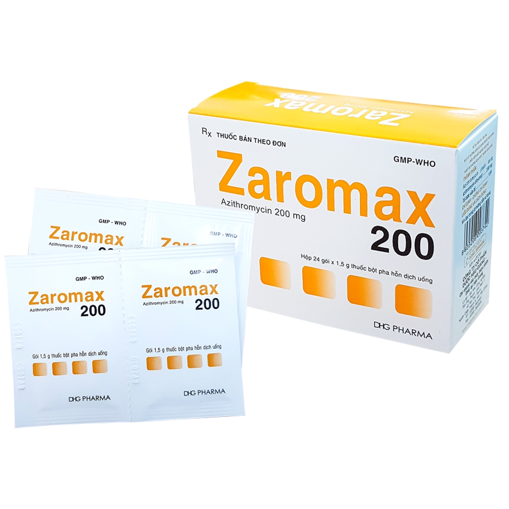 Bột pha hỗn dịch uống Zaromax 200 DHG Pharma điều trị viêm phế quản, viêm phổi (24 gói)