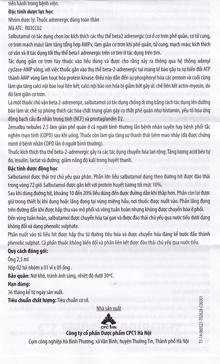Thuốc Zensalbu 2.5mg CPC1HN kiểm soát co thắt phế quản mạn, điều trị hen nặng cấp tính (2 vỉ x 5 ống)