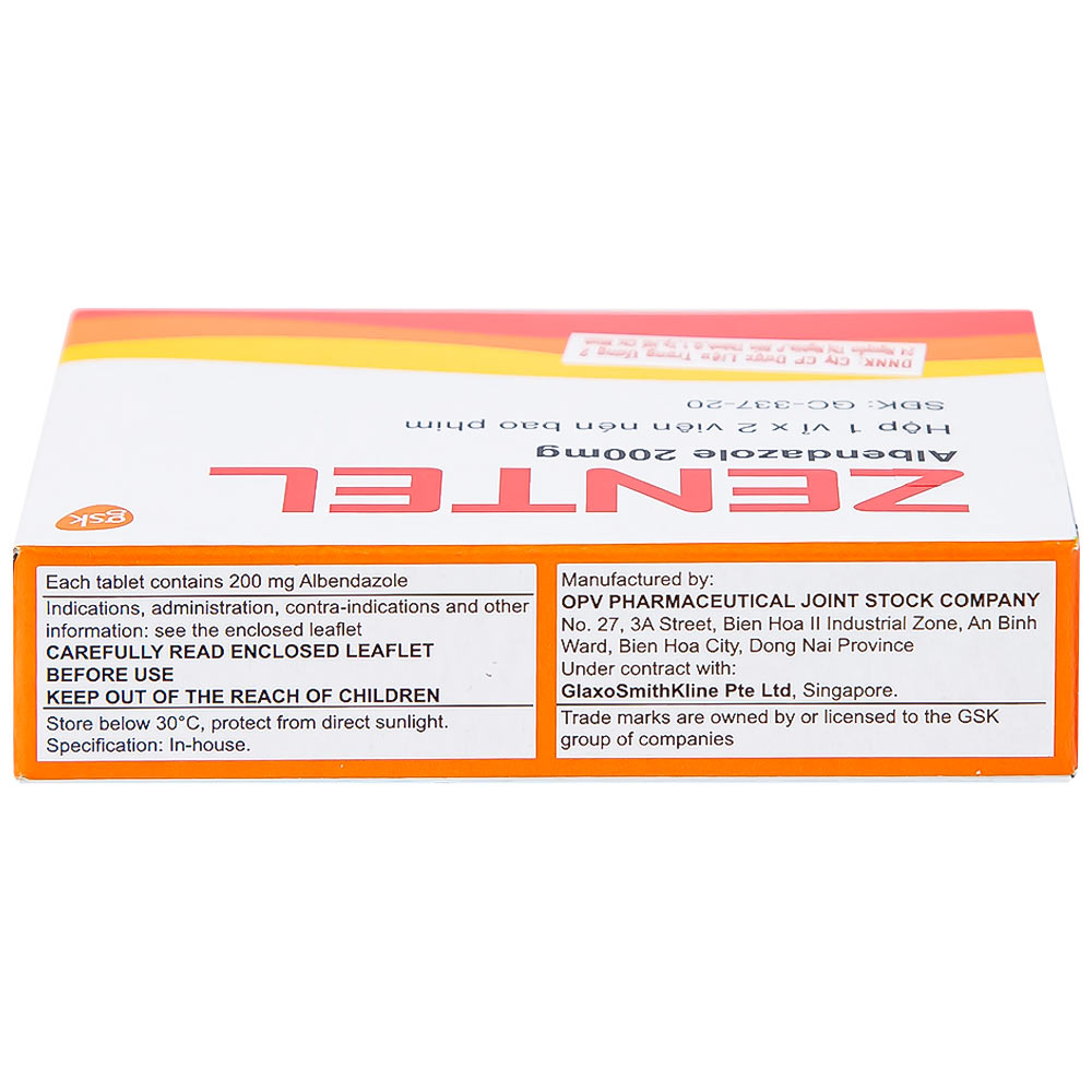 Thuốc Zentel Albendazole 200mg GSK điều trị các loại giun đường ruột nhạy cảm (1 vỉ x 2 viên)