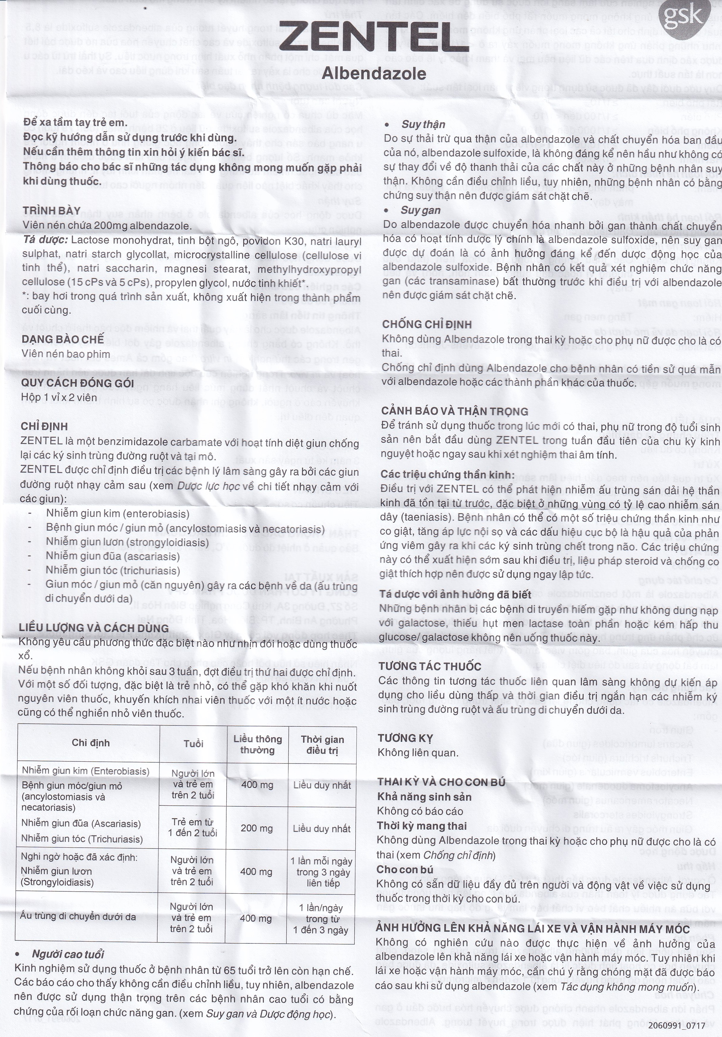 Thuốc Zentel Albendazole 200mg GSK điều trị các loại giun đường ruột nhạy cảm (1 vỉ x 2 viên)
