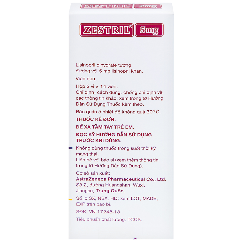 Thuốc Zestril 5mg AstraZeneca điều trị tăng huyết áp, suy tim (2 vỉ x 14 viên)