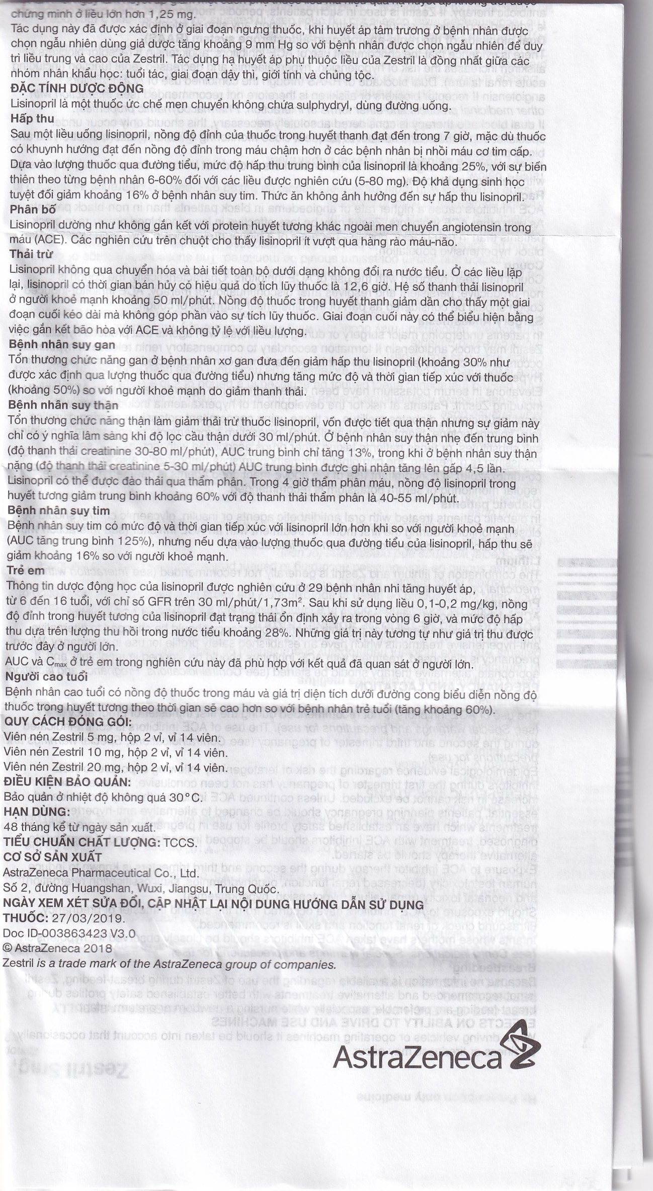 Thuốc Zestril 5mg AstraZeneca điều trị tăng huyết áp, suy tim (2 vỉ x 14 viên)