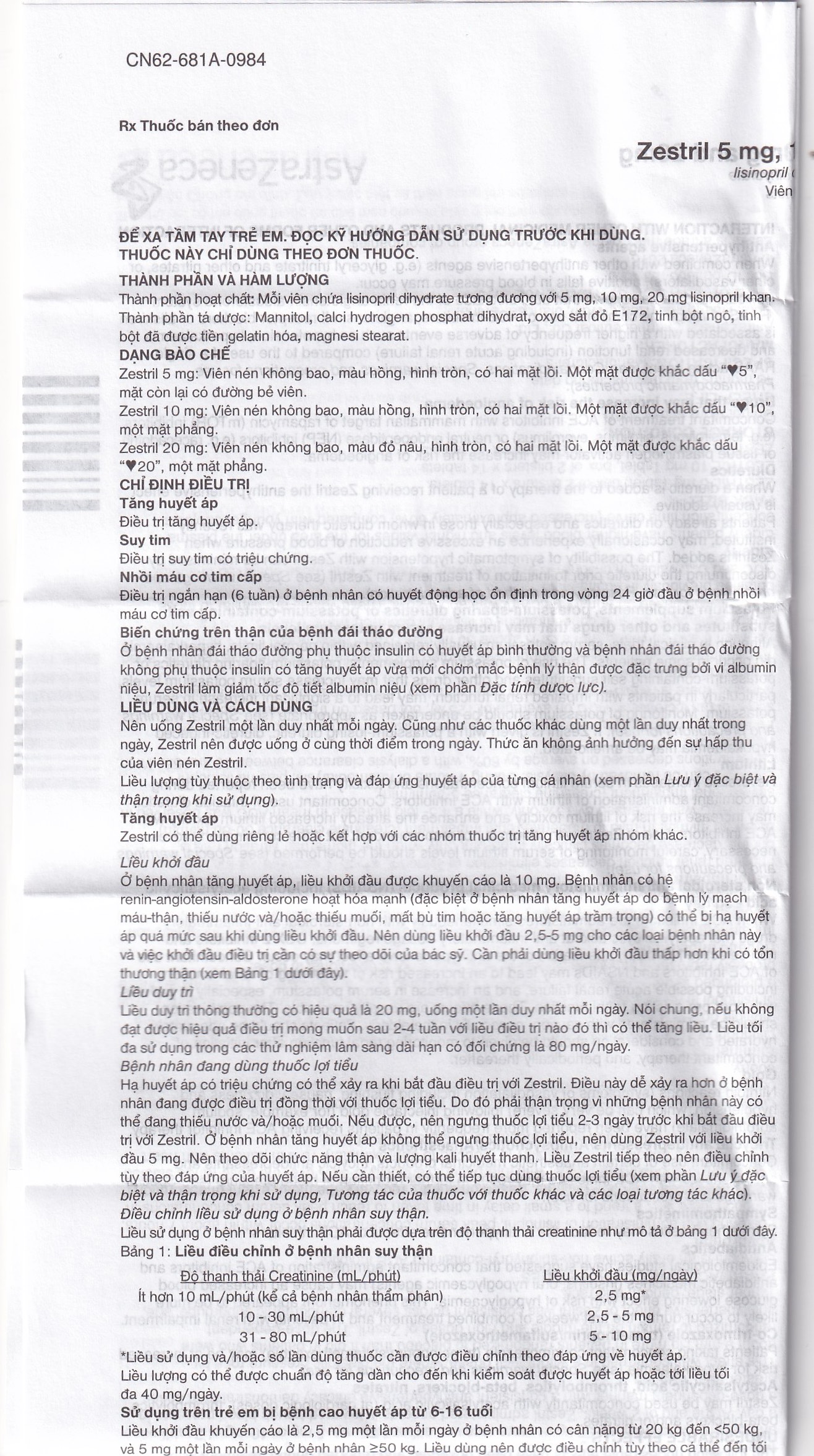 Thuốc Zestril 5mg AstraZeneca điều trị tăng huyết áp, suy tim (2 vỉ x 14 viên)