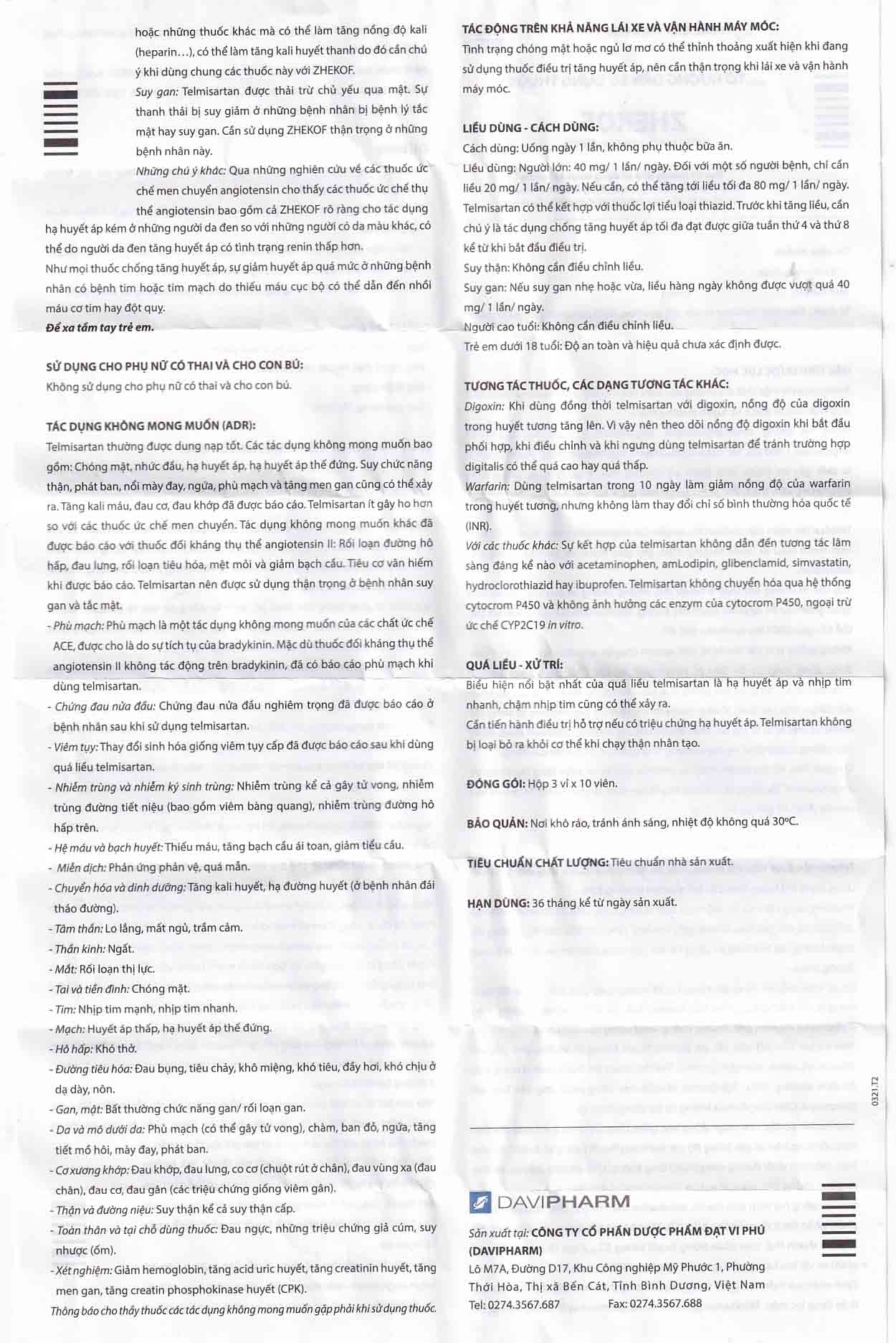 Thuốc Zhekof 40mg DaviPharm điều trị tăng huyết áp, dự phòng biến cố tim mạch (3 vỉ x 10 viên)