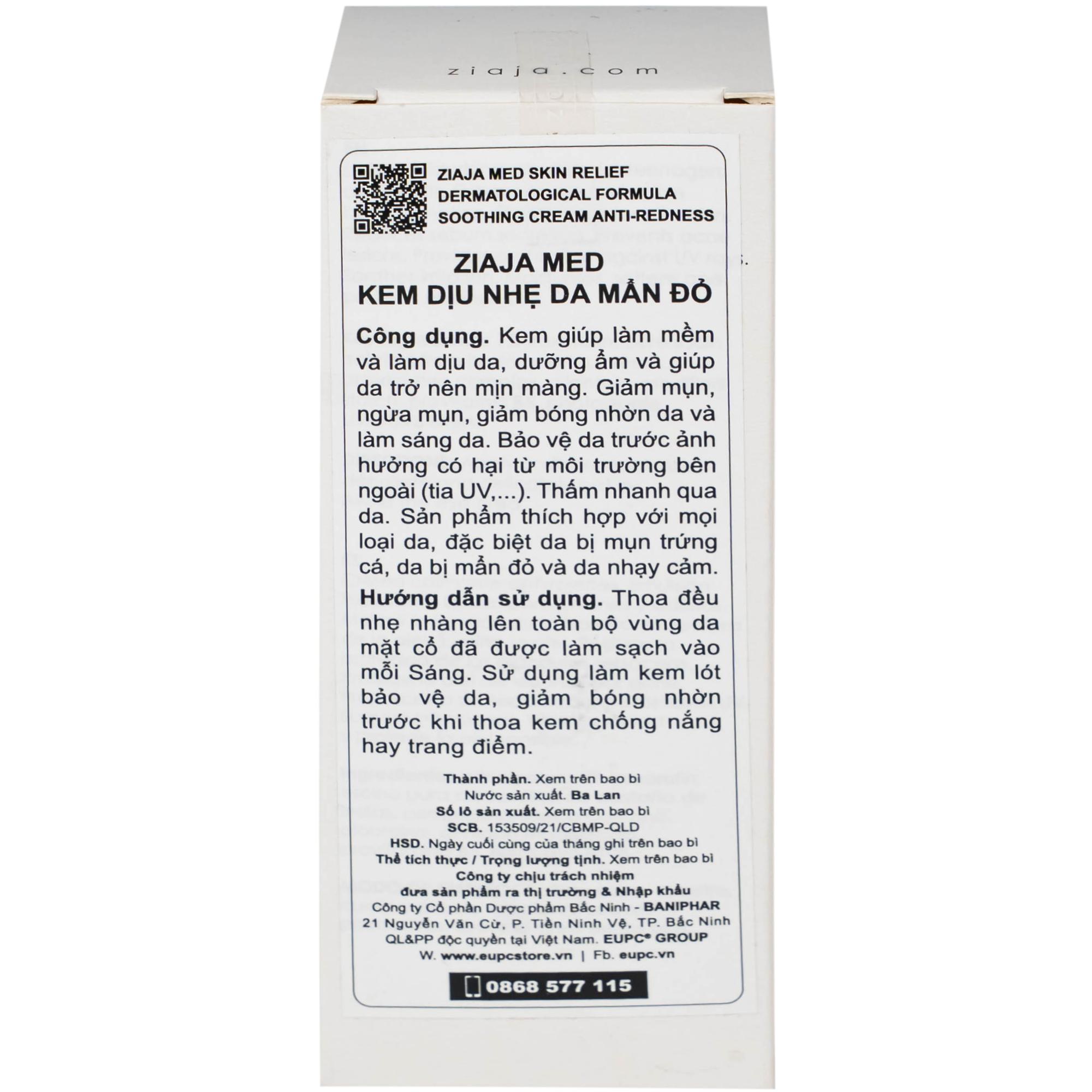 Kem bôi dịu da, giảm mẩn đỏ Ziaja Med Skin Relief Dermatological Formula Soothing Cream 50ml