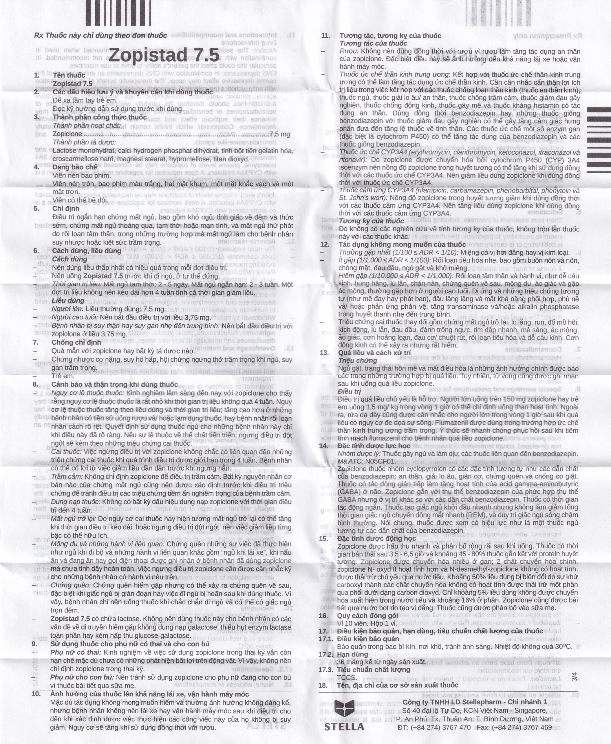 Thuốc Zopistad 7.5 Stella hỗ trợ điều trị ngắn hạn chứng mất ngủ (1 vỉ x 10 viên)