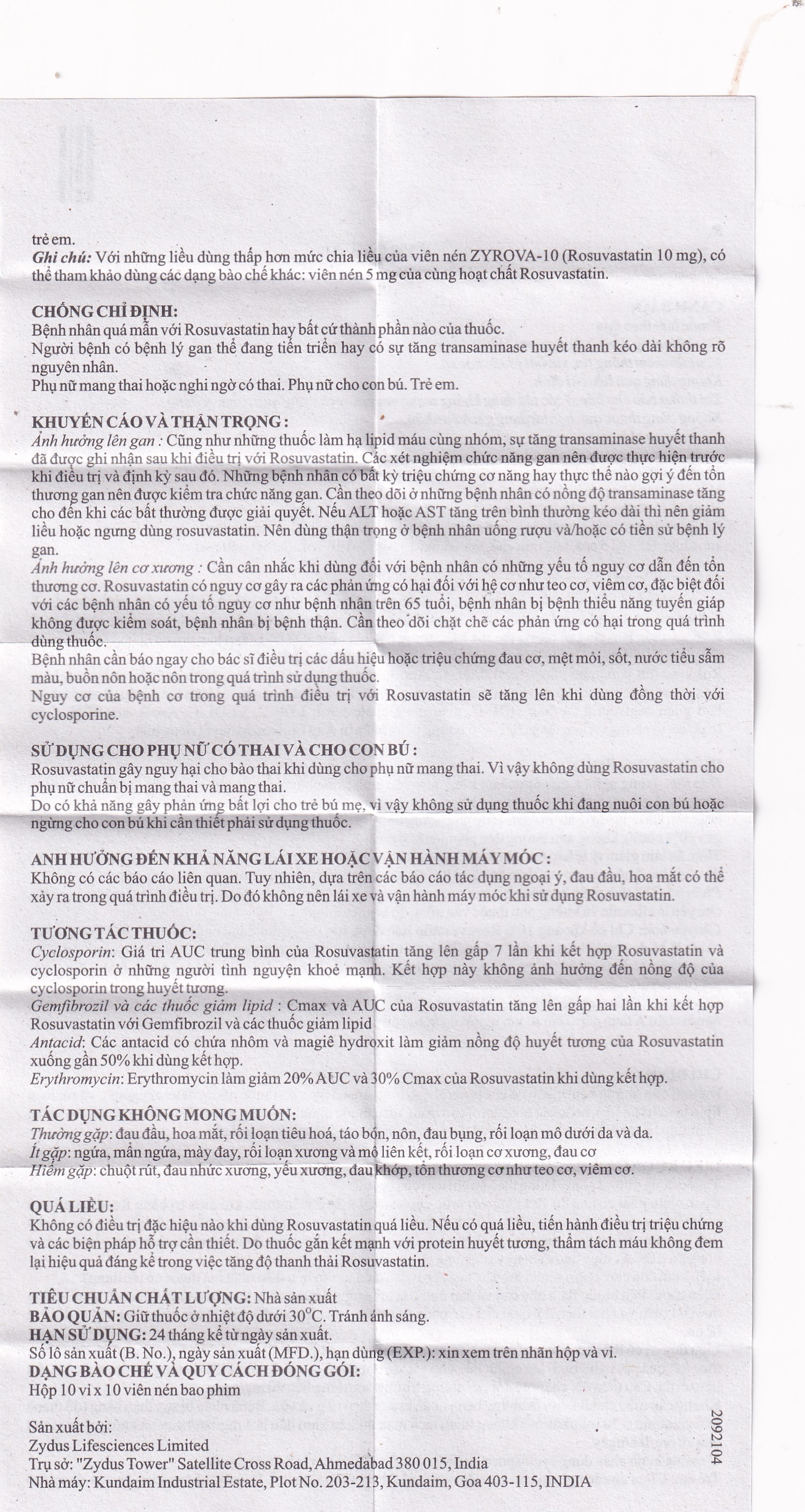 Thuốc Zyrova 10 Zydus điều trị cholesterol cao trong máu (10 vỉ x 10 viên)