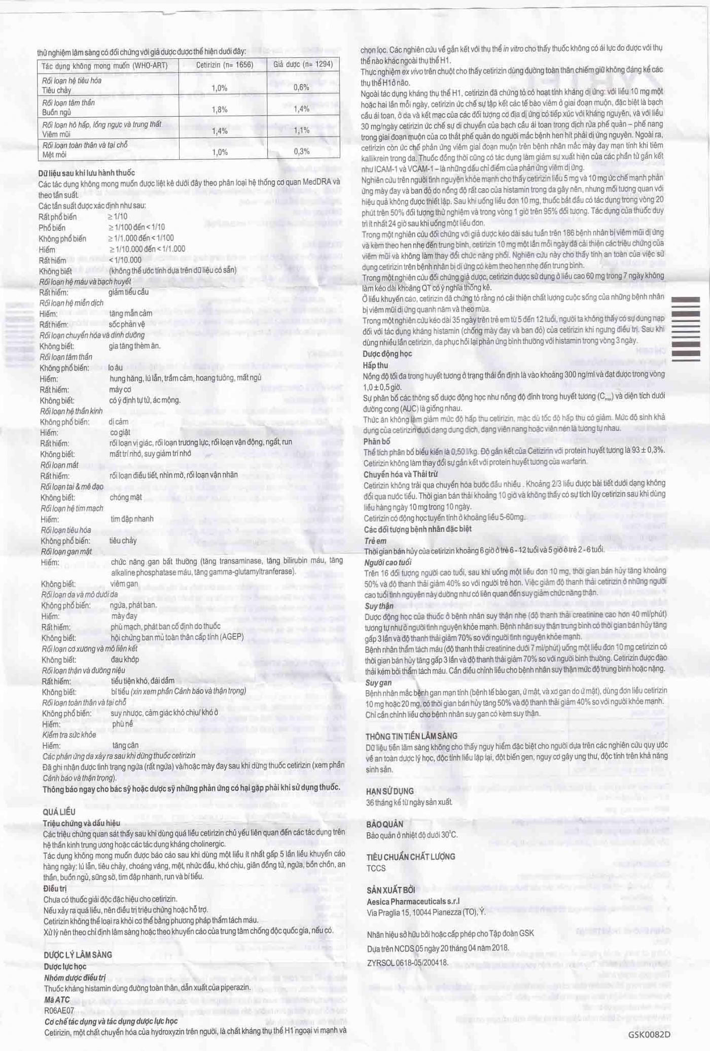 Dung dịch uống Zyrtec GSK giảm viêm mũi dị ứng, mày đay tự phát, mạn tính (60ml)