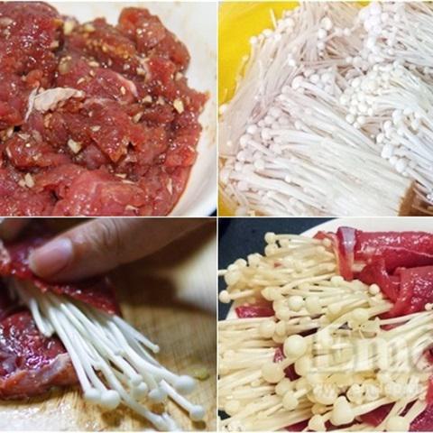 Cách làm bò cuộn nấm kim châm nướng