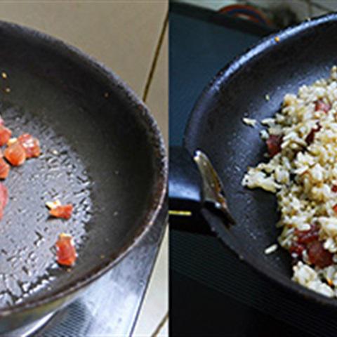 Cách làm cơm gạo lứt chiên trứng và lạp xưởng